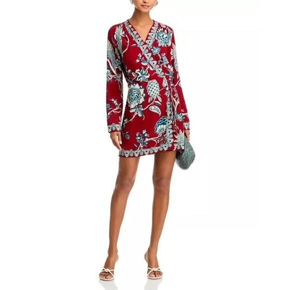 Farm Rio Tropical Landing Floral Wrap Neck Mini Dress Women's Size XS Red - Picture 4 of 5
